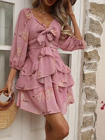 Womens Spring Summer Deep V Neck Ruffle Long Sleeve Floral Print Mini Dress